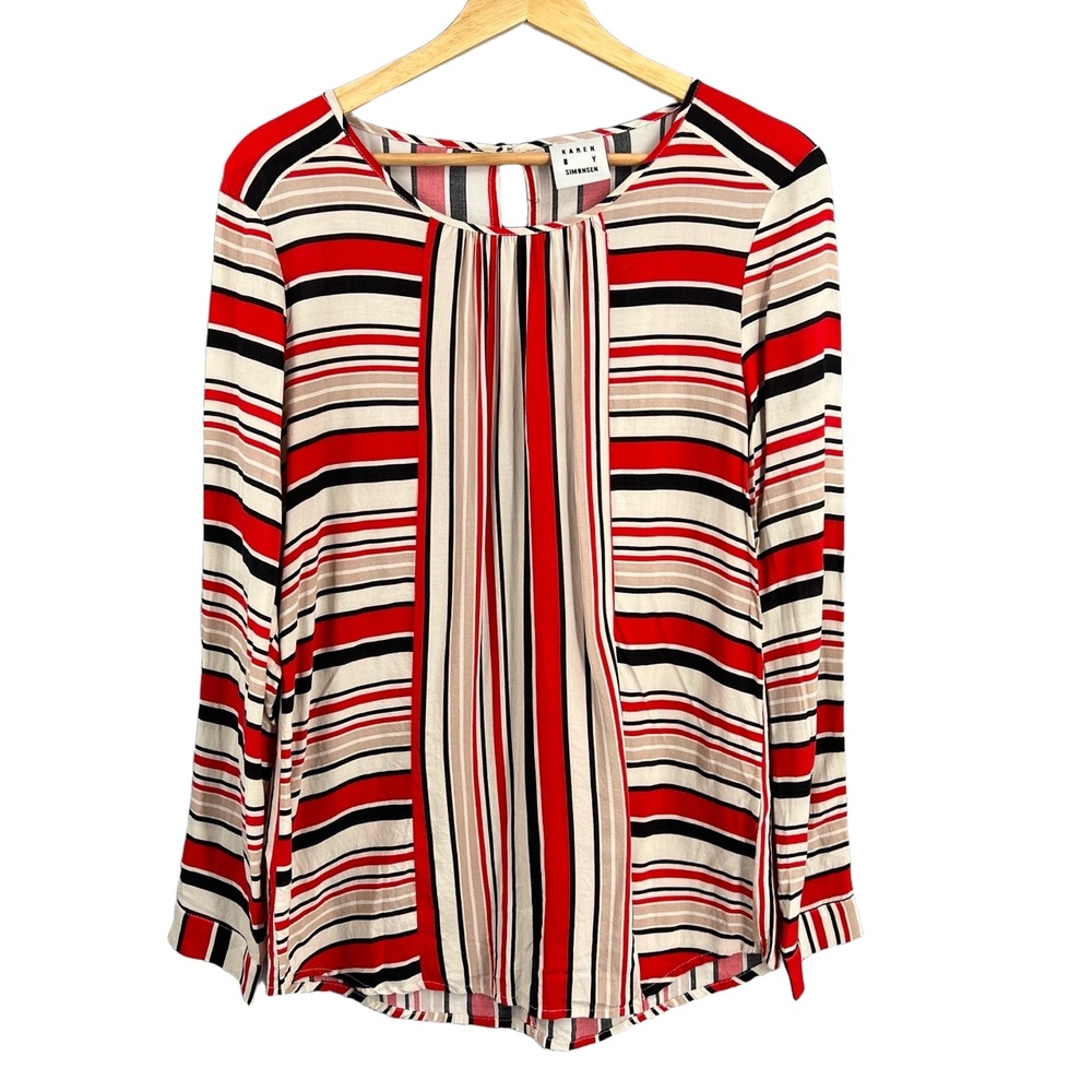 Karen‎ By Simonsen Blouse Red Beige Long-Sleeve Stripe Round Neck 40 (US Medium)